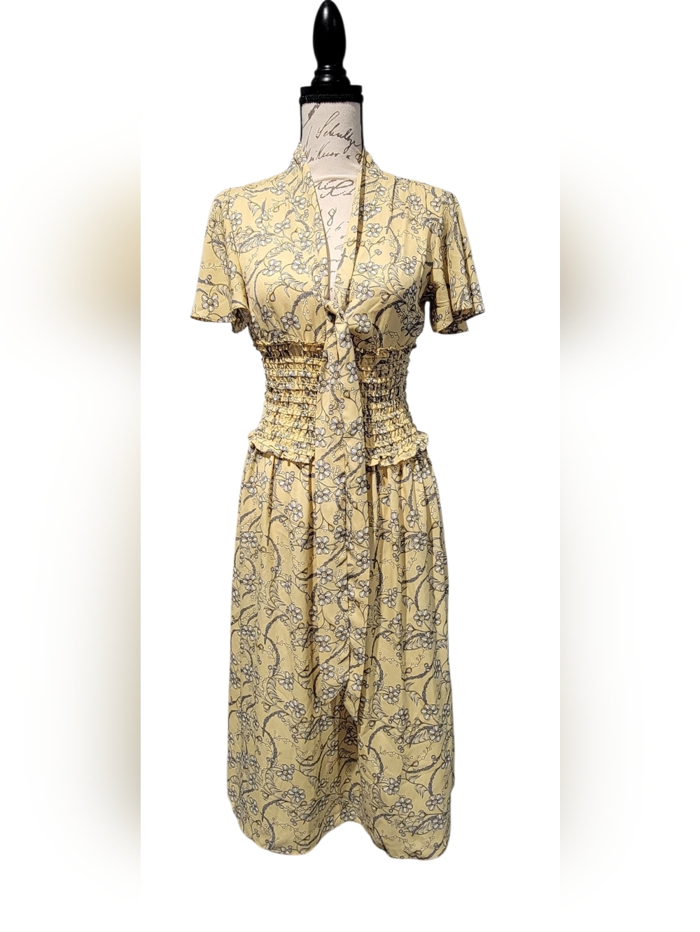 Max Studio Yellow Floral Smocked Waist Dress Size Small